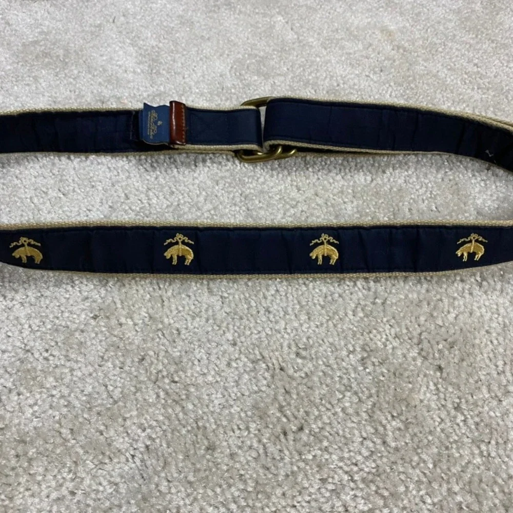 Brooks Brothers Belt Mens XL Navy Blue Golden Fleece Embroidered D-Ring Preppy